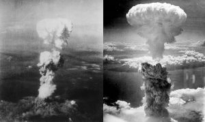 Left picture : At the time this photo was made, smoke billowed 20,000 feet above Hiroshima while smoke from the burst of the first atomic bomb had spread over 10,000 feet on the target at the base of the rising column. Six planes of the 509th Composite Group, participated in this mission; one to carry the bomb Enola Gay, one to take scientific measurements of the blast The Great Artiste, the third to take photographs Necessary Evil the others flew approximately an hour ahead to act as weather scouts, 08/06/1945. Bad weather would disqualify a target as the scientists insisted on a visual delivery, the primary target was Hiroshima, secondary was Kokura, and tertiary was Nagasaki. Right picture : Atomic bombing of Nagasaki on August 9, 1945.
