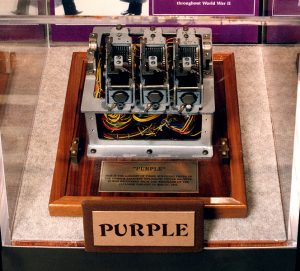 Fragment of an original Japanese Type 97 "Purple" cipher machine on display at the United States National Security Agency's National Cryptologic Museum located in Ft. Meade, Maryland. The plaque at the base of the machine fragment reads: " 'Purple' This is the largest of three surviving pieces of the famous Japanese diplomatic cipher machine. It was recovered from the wreckage of the Japanese embassy in Berlin, 1945."
