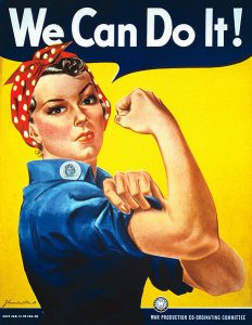 "We Can Do It!" poster for Westinghouse, closely associated with Rosie the Riveter, although not a depiction of the cultural icon itself. Pictured Geraldine Doyle (1924-2010), at age 17. Date 1942 Source From scan of copy belonging to the National Museum of American History, Smithsonian Institution, retrieved from the website of the Virginia Historical Society. Author J. Howard Miller, artist employed by Westinghouse, poster used by the War Production Co-ordinating Committee