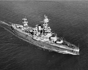 USS Texas (BB-35). Underway off Norfolk, Virginia, 15 March 1943, with her main battery gun turrets trained to port. Official U.S. Navy Photograph, now in the collections of the National Archives