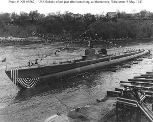 THe USS Robalo (SS-273) after launch.