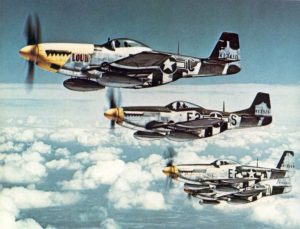 "The Bottisham Four", a famous photo showing four U.S. Army Air Force North American P-51 Mustang fighters from the 375th Fighter Squadron, 361st Fighter Group, from RAF Bottisham, Cambridgeshire (UK), in flight on 26 July 1944.