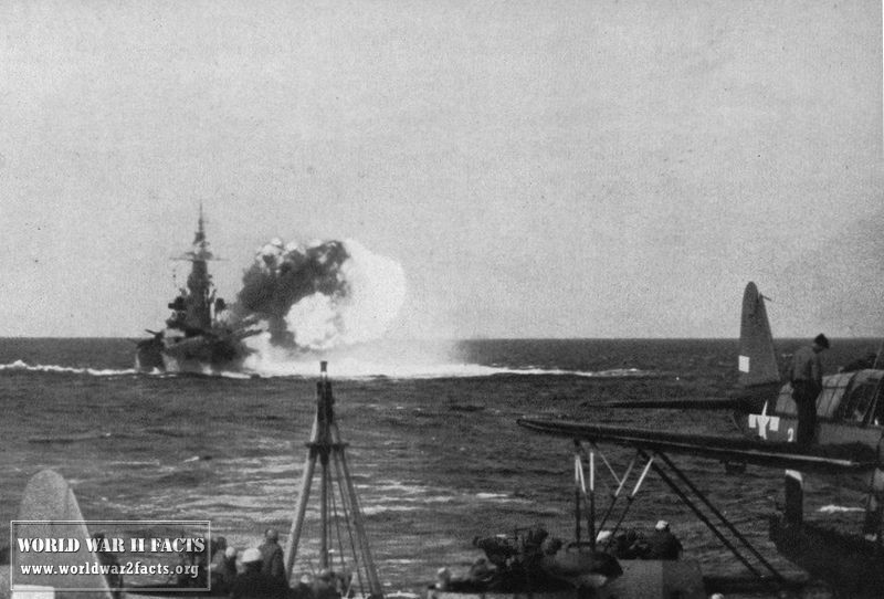 The U.S. Navy battleship USS North Carolina (BB-55) bombarding Nauru, 8 December 1943, destroying air facilities, beach defense revetments, and radio installations. Note the Vought OS2U Kingfisher at right on the ship (unknown) ahead. Date8 November 1943
