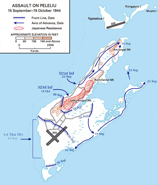 Routes of Allied landings on Peleliu, 15 September 1944.