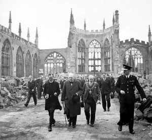 Winston Churchill visiting the ruins of Coventry Cathedral following its destruction in the Coventry Blitz of 14/15th November 1940. Date 28 September 1941