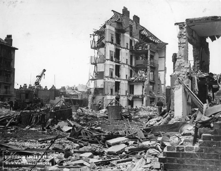 English: Damage Caused by V2 Rocket Attacks in Britain, 1945 Ruined flats in Limehouse, East London. Hughes Mansions, Vallance Road, following the explosion of the last German V2 rocket to fall on London, 27 March 1945. Date (Second World War)