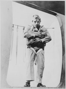 Pfc. Ira H. Hayes, a Pima, at age 19, ready to jump, Marine Corps Parachute School, 1943