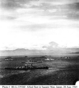 Warships of the U.S. Third Fleet and the British Pacific Fleet in Sagami Wan, 28 August 1945, preparing for the the formal Japanese surrender a few days later. Mount Fujiyama is in the background. Nearest ship is USS Missouri (BB-63), flying Admiral William F. Halsey's four-star flag. British battleship Duke of York is just beyond her, with HMS King George V further in. USS Colorado (BB-45) is in the far center distance. Also present are U.S. and British cruisers and U.S. destroyers. Official U.S. Navy Photograph, now in the collections of the National Archives.