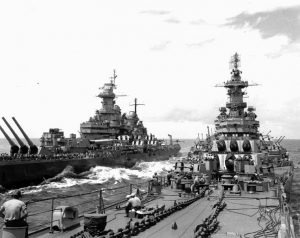 USS Missouri (BB-63) (at left) transferring personnel to USS Iowa (BB-61), while operating off Japan on 20 August 1945. Date 20 August 1945 Source Photo #: NH 96781 on Naval Historical Center (specifically)