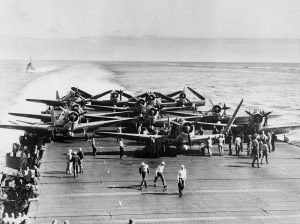 U.S. Navy Douglas TBD-1 Devastators of Torpedo Squadron 6 (VT-6) unfolding their wings on the deck of USS Enterprise (CV-6) prior to launching for attack against four Japanese carriers on the first day of the Battle of Midway. Established as VT-8S in 1937, the squadron was redesignated VT-6 that same year. Accepting delivery of its first TBD-1 aircraft in 1938, the squadron operated from USS Enterprise (CV-6). Following the entry of the United States into World War II, VT-6 participated in hit and run raids against the Marshalls and Wake Island. Launched on the morning of 4 June 1942, against the Japanese carrier fleet during the Battle of Midway, the squadron lost ten of fourteen aircraft during their attack. Date4 June 1942 Source U.S. Navy National Museum of Naval Aviation photo No. 1996.253.999