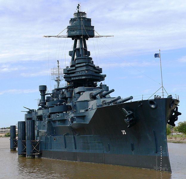 USS Texas in San Jacinto State Park, October 2006. The battleship is painted as it was in 1945 with Measure 21, Navy Blue System Camoflage. The camoflage was intended to make the battleship more difficult to detect from the air.