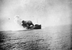 The Isle of Man steam ferry SS Mona's Queen sinking after striking a mine off Dunkirk, 29 May 1940.