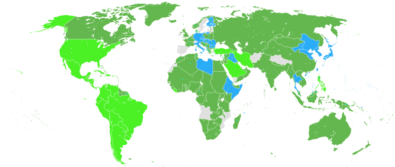 Map of Participants in World War II: Dark Green: Allies before the Japanese attack on Pearl Harbor, including colonies and occupied countries. Light Green: Allied countries that entered the war after the attack on Pearl Harbor. Blue: Axis Powers and their colonies or countries that had to choose a side in order to stay independent. Gray: Neutral countries during WWII Dark green dots represent countries that initially were neutral but during the war were annexed by the USSR Light green dots represent countries that later in the war changed from the Axis to the Allies Blue dots represent countries either being conquered by the Axis Powers, becoming puppets of those (<a href=